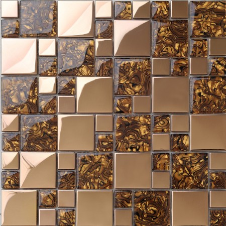 Gold Stainless Steel Tile with Base Wall Tiles Backsplash Metal and Glass Blend Mosaic Amber Pattern