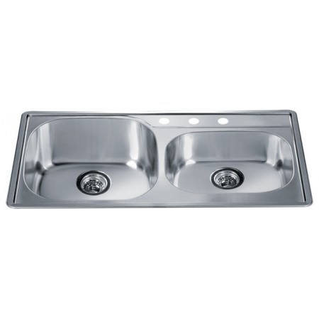 Kitchen Sink 304 Stainless Steel Chrome Nickel Double Bowl with Faucet Holes Small Bowl on Right