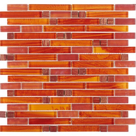 Crystal Glass Red Orange Mosaic Interlocking Tile Backsplash Iridescent Bathroom Wall Tiles Cheap