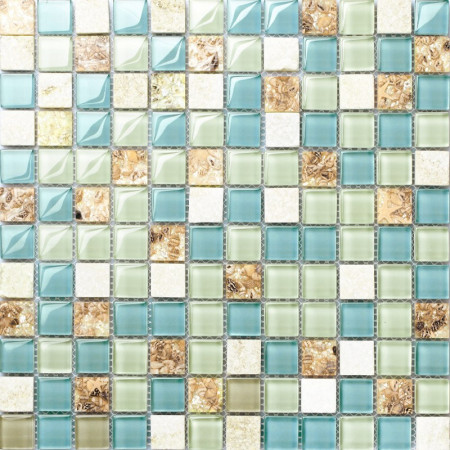 Blue Green Glass and White Stone Mosaic Resin Conch Tile Beach Inspired Backsplash Coastal Bathrooms