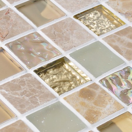 Crystal Glass Iridescent Tile Backsplash Stone & Glass Blend Mosaic Wall Tiles Square Iridescent Tile