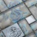 Crystal Glass Mosaic Tile Squares Blue Rose Pattern Stainless Steel Backsplash Metallic Tiles Wall