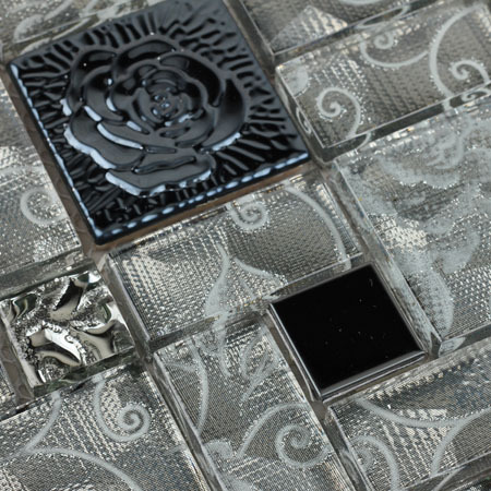Crystal Glass Mosaic Tile with Flower Square Gray Rose Patterns Stainless Steel Backsplash Metal Tiles