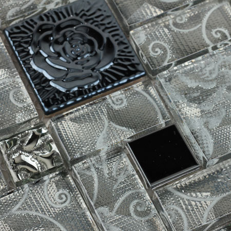 Crystal Glass Mosaic Tile with Flower Square Gray Rose Patterns Stainless Steel Backsplash Metal Tiles Crystal Glass Mosaic Tile with Flower Square Gray Rose Patterns Stainless Steel Backsplash Metal Tiles