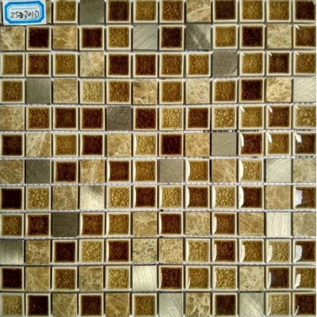 Brown Stone and Glass Mosaic Tile Brushed Aluminum Metal Wall Tiles Kitchen Backsplash GL2301D