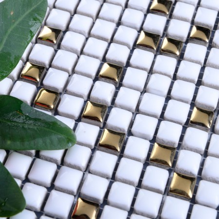 Glazed Ceramic Mosaic Floor Tile Plated Gold Tile Backsplash Bathroom Wall Cream Porcelain Tiles