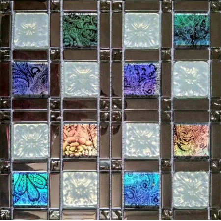 Iridescent Tile Backsplash 8/9"X1-7/8" Grid Glass Mosaic Shower Tile Arabesque Patterns
