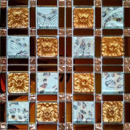 Gold Tile Backsplash 8/9"X1-7/8" Grid Glass Mosaic Shower Tile Arabesque Patterns