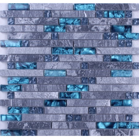 Blue Glass Mosaic Clear Crystal Gray Marble Backsplash Random Wave Pattern Kitchen Wall Tiles