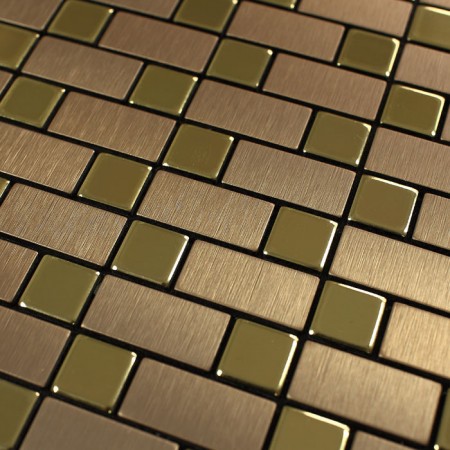 Metallic Mosaic Tile Backsplash Strip Brushed Gold Aluminum Square Dark Brown Stainless Steel Blend