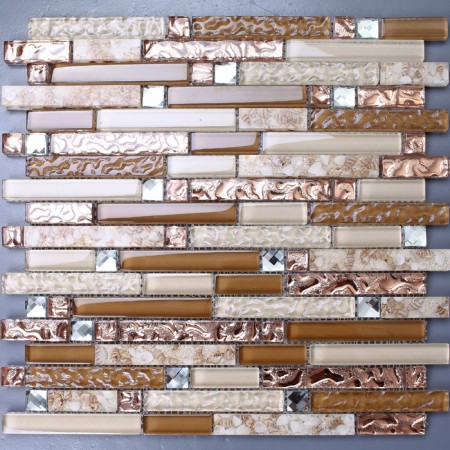 Brown Glass Mosaic and Resin Conch Tile Rose Gold Clear Crystal Backsplash Diamond Bath Wall Tiles