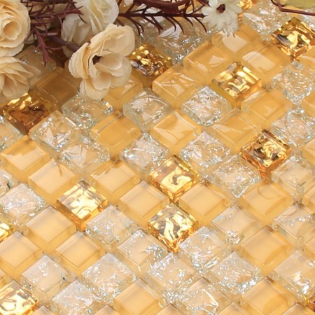 Gold Glass Mosaic Sheets Kitchen Blacksplash Crackle Crystal Tile Bathroom Wall Cracked Cheap Tiles N009