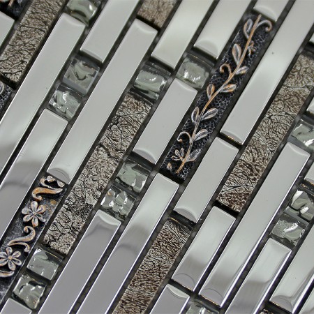 Glass Mosaic Tiles Crystal Interlocking Tile Bathroom Wall Strip Stickers Kitchen Backsplash Silver Plated Glass SBQ01