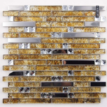 Metal and Glass Diamond Silver Stainless Steel Backsplash Tiles Gold Crystal Glass Mosaic Interlocking Tile YB2016