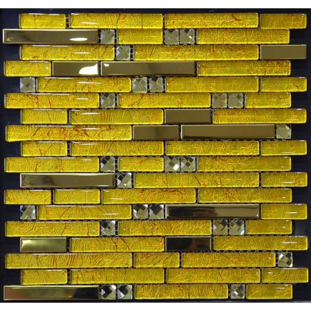 Metal and Glass Diamond Stainless Steel Backsplash Wall Tiles Gold Crystal Glass Mosaic Interlocking Tile YB2067