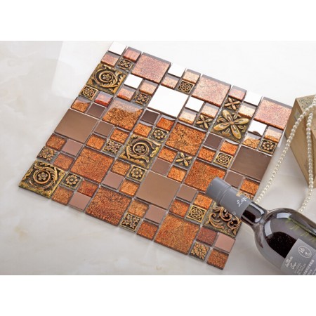 brown glass mosaic tile porcelain flower pattern metal wall backsplashes deco KLGTM70