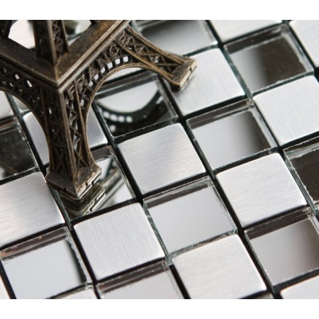 Adhsive Mosaic Tiles Silver Square Peel and Stick Tile Brushed Metal Wall Decoration Glass Mirror Tile 6119