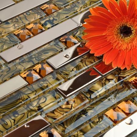 Metallic Backsplash Tiles 304 Stainless Steel Sheet Metal Shell Art Crystal Glass Blend Mosaic Wall