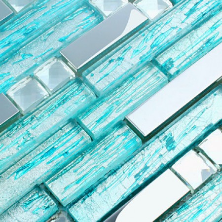 Silver Stainless Steel Tile Cyan-Blue Glass Backsplash Bathroom Wall Tiles Shiny Metal Kitchen Tile