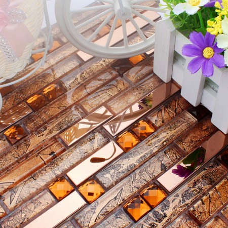 Metallic Backsplash Tiles Silver 304 Stainless Steel Sheet Metal & Crystal Glass Blend Diamond H21