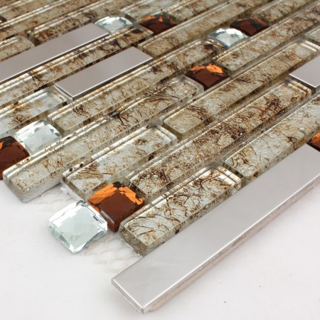 Metallic Backsplash Tile Diamond Silver Stainless Steel Metal Crystal Glass Mosaic Wall Decor HC-048