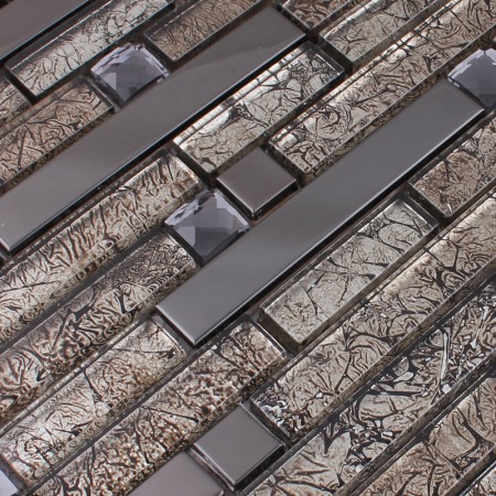 Metallic Backsplash Tile Diamond Silver Stainless Steel Metal and Crystal Glass Mosaic Wall Decor HC-121