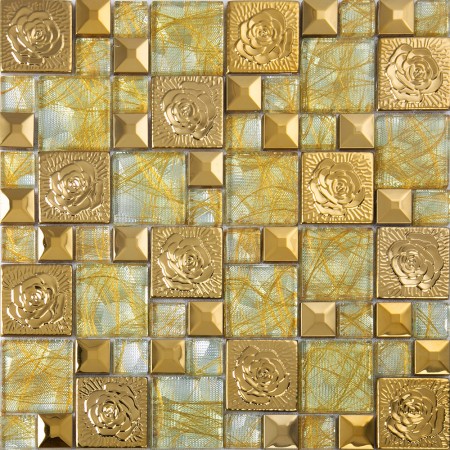 gold stainless steel flower patterns metal and glass mosaic tiles pyramid crystal glass wall stickers kitchen backsplash cheap KLGTN8