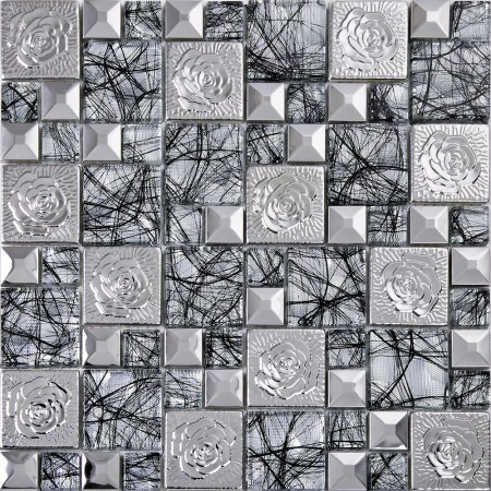 silver 304 stainless steel flower patterns crystal glass mosaic tile glass and metal wall tiles stickers kitchen backsplash decor KLGTN9