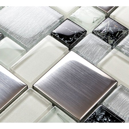 Metallic Backsplash Tile Brushed Stainless Steel Metal Tiles Crackle Glass Mosaic Wall Decor LS53