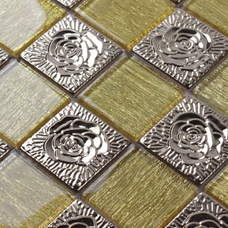 Metallic Backsplash Tile Back of Procelain Stainless Steel Sheet and Crystal Glass Mosaic Wall Decor