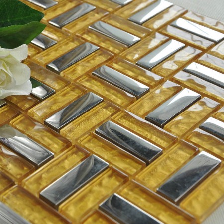 Metallic Backsplash Tiles Silver 304 Stainless Steel Sheet Metal and Gold Crystal Glass Blend Mosaic