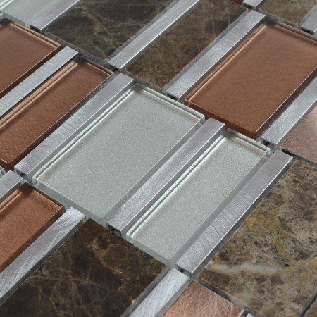 Stone and Glass Tile Silver Aluminum Metal Wall Tiles Emperador Dark Marble Tile Backsplash Bathroom Tiles MG009