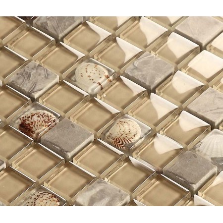 Gray Stone Mosaic Buff Glass Glossy Tile Backsplash Resin Shell Bathroom Wall Shower Tiles