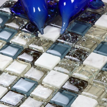 Blue Glass Mosaic Crackle Crystal Glossy Tile Backsplash Cream White Stone Wall Bathroom Tiles