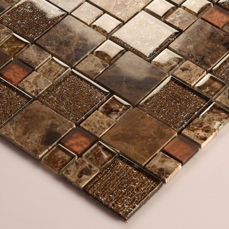 Stone and Glass Mosaic Sheets Square Tiles Emperador Dark Marble Tile Backsplash Bathroom Wall Tile 632