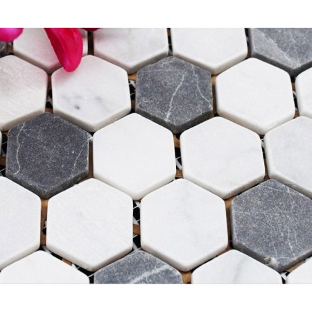 Hexagon Stone Mosaic Tiles Pattern Washroom Wall Black and Cream Marble Kitchen Backsplash Floor Tiles SGS08C-1