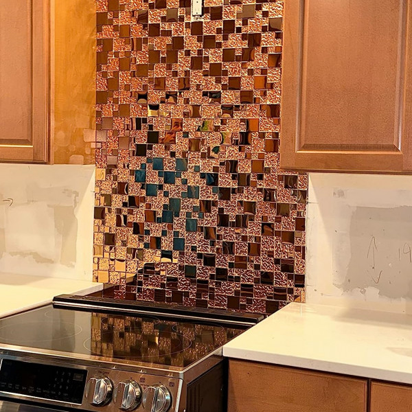 Rose Gold Glass and Metal Backsplash in Kitchen