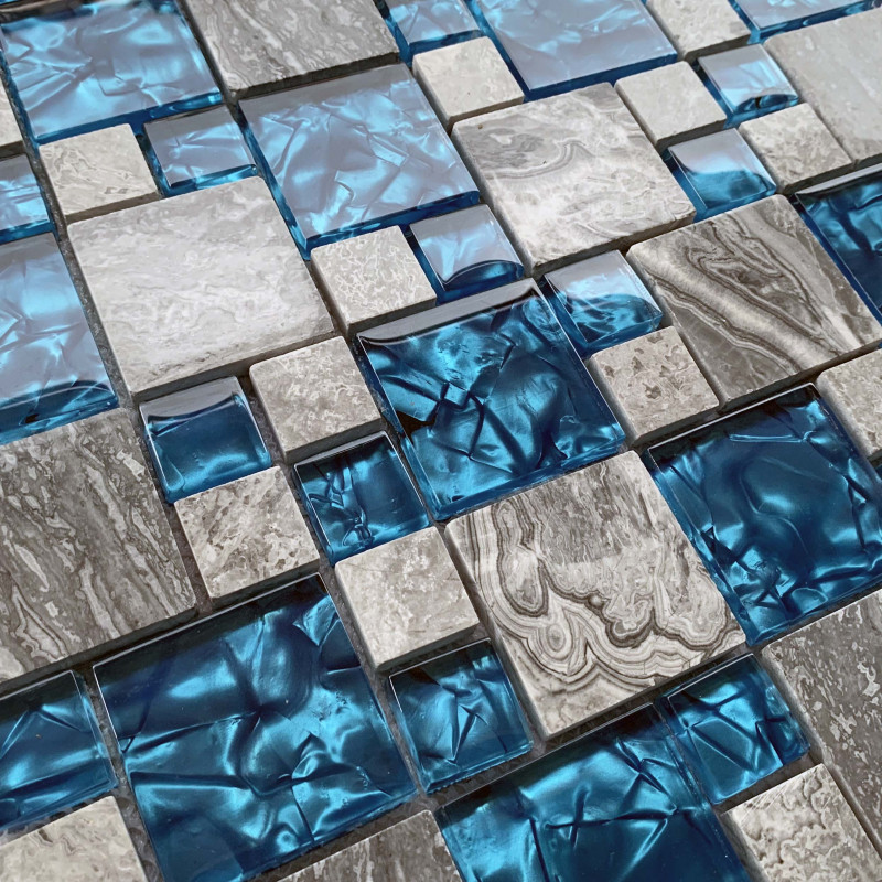 Gray and Teal Backsplash Tile Mixed Marble & Glass Mosaic Wall Tiles