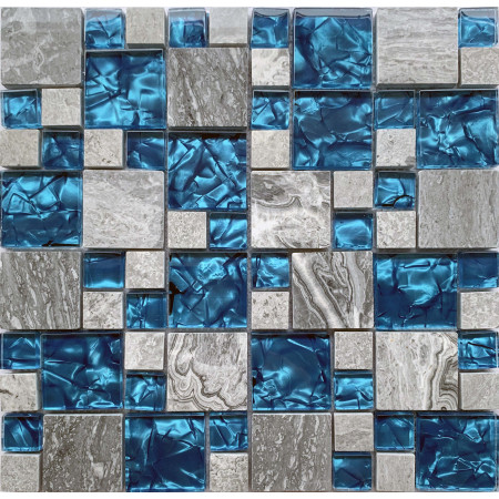 Gray and Teal Backsplash Tile, Mixed Marble & Glass Mosaic for Kitchen, Bathroom and Shower Walls