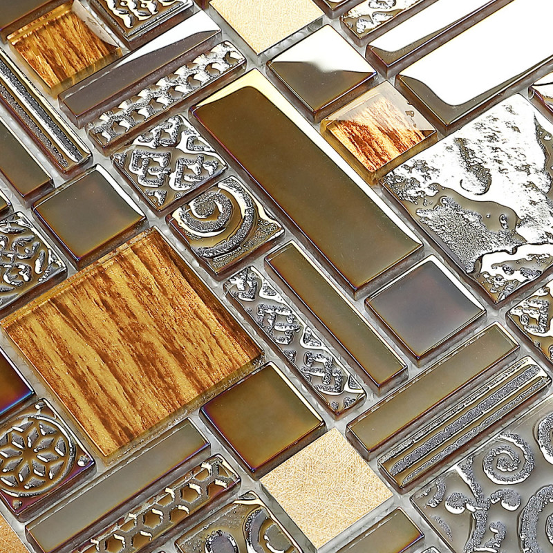 Antique Backsplash Tile Brushed Aluminum Mix Glass Mosaic ...