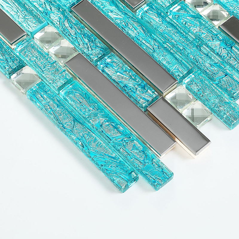 Blue Glass Tile Silver Stainless Steel Crystal Backsplash Mosaic