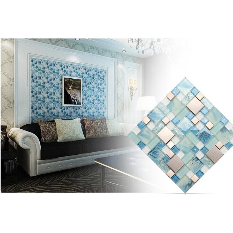 Crackle Glass Backsplash Tile 304 Stainless Steel Metal Tiles Blue Hand