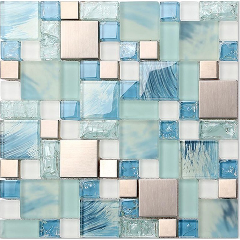 Crackle Glass Backsplash Tile 304 Stainless Steel Metal Tiles Blue Hand Painted Frosted Glass Mosaic Wall