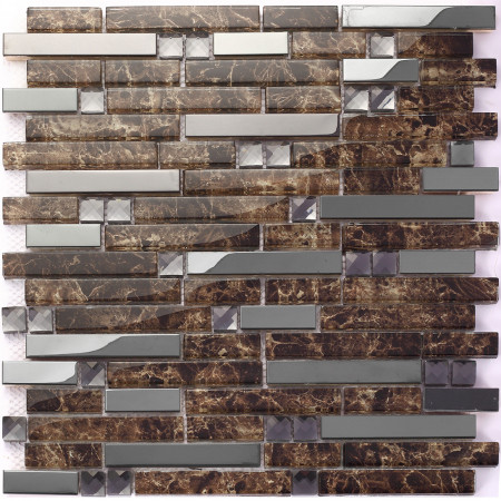 Glass Metal Backsplash Tile Dark Emperador Mosaic Linear Wall Tiles