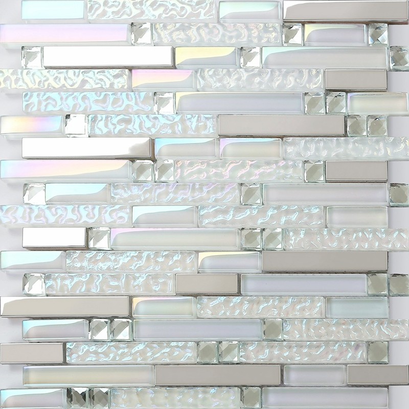 Iridescent White Glass Tile Wave Pattern Silver Stainless Steel Glossy Iridescent White Glass Tile Wave Pattern Silver Stainless Steel Glossy Crystal Mosaic Backsplash