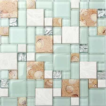 Glass and Stone Mix Mosaic Tile Green Sandy Conch Shell Tiles Random Brick Silver Crystal Backsplash