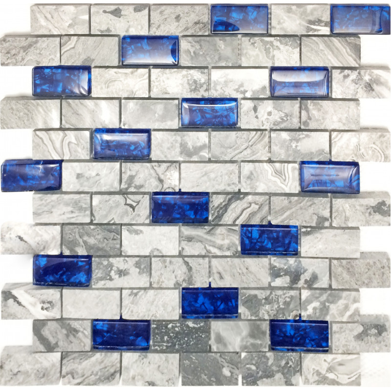 Navy Blue Glass Mosaic Grey Marble 1 X, Blue Glass Subway Tile Backsplash