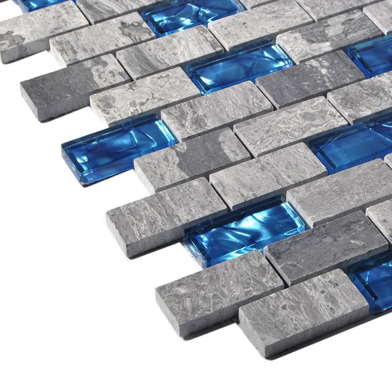 Teal Blue Glass Backsplash Tiles Gray Marble 1" x 2" Subway Tile