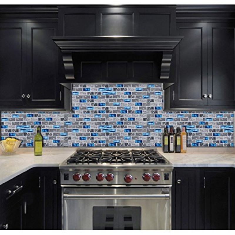 Navy Blue Glass Mosaic Grey Marble 1quot; x 2quot; Subway Wall Tiles