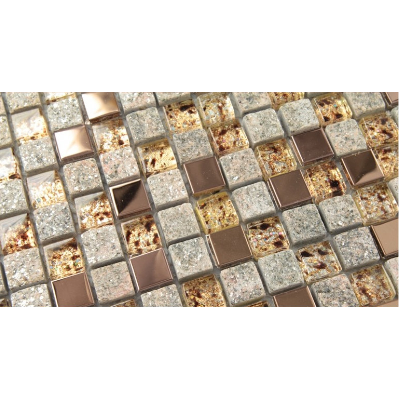 Clear Glass and Stone Mosaic Rose Gold Stainless Steel Tile Backsplash
